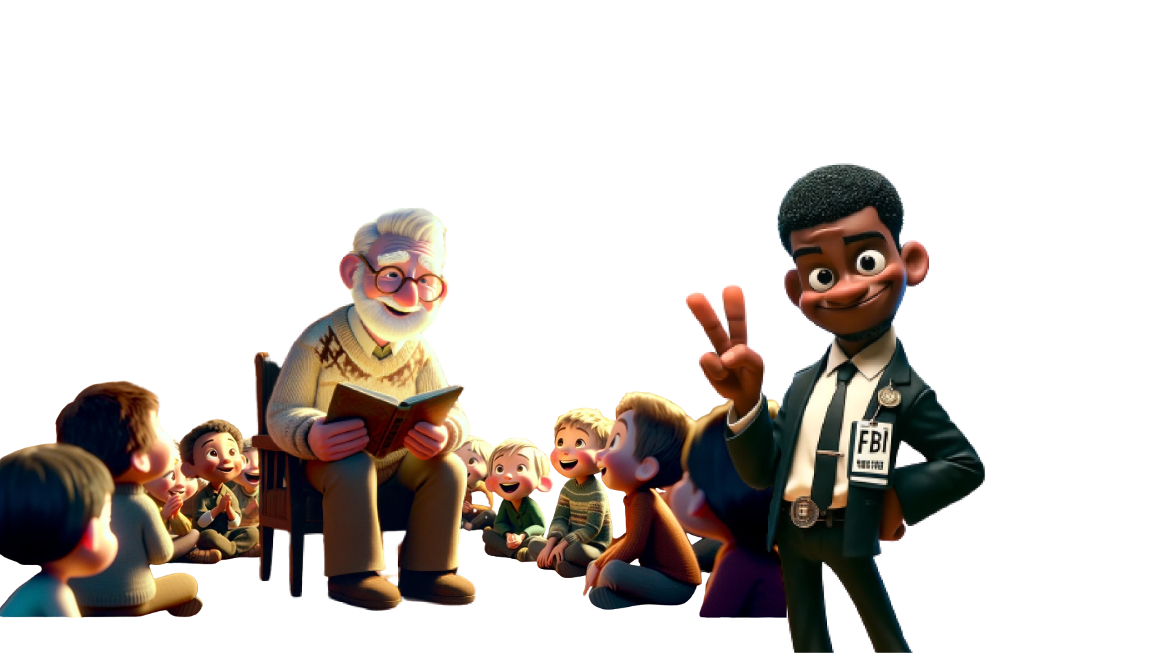 The image shows an elderly cartoon man sitting in a chair, surrounded by a group of children who are listening attentively to him as he reads a book