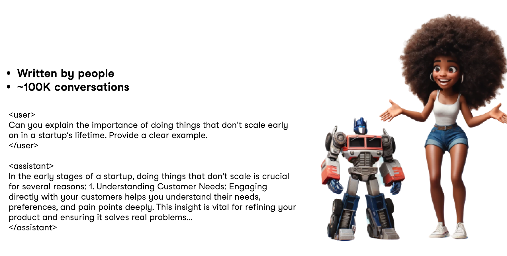 Illustration of a woman standing next to a robot, and some example conversation data