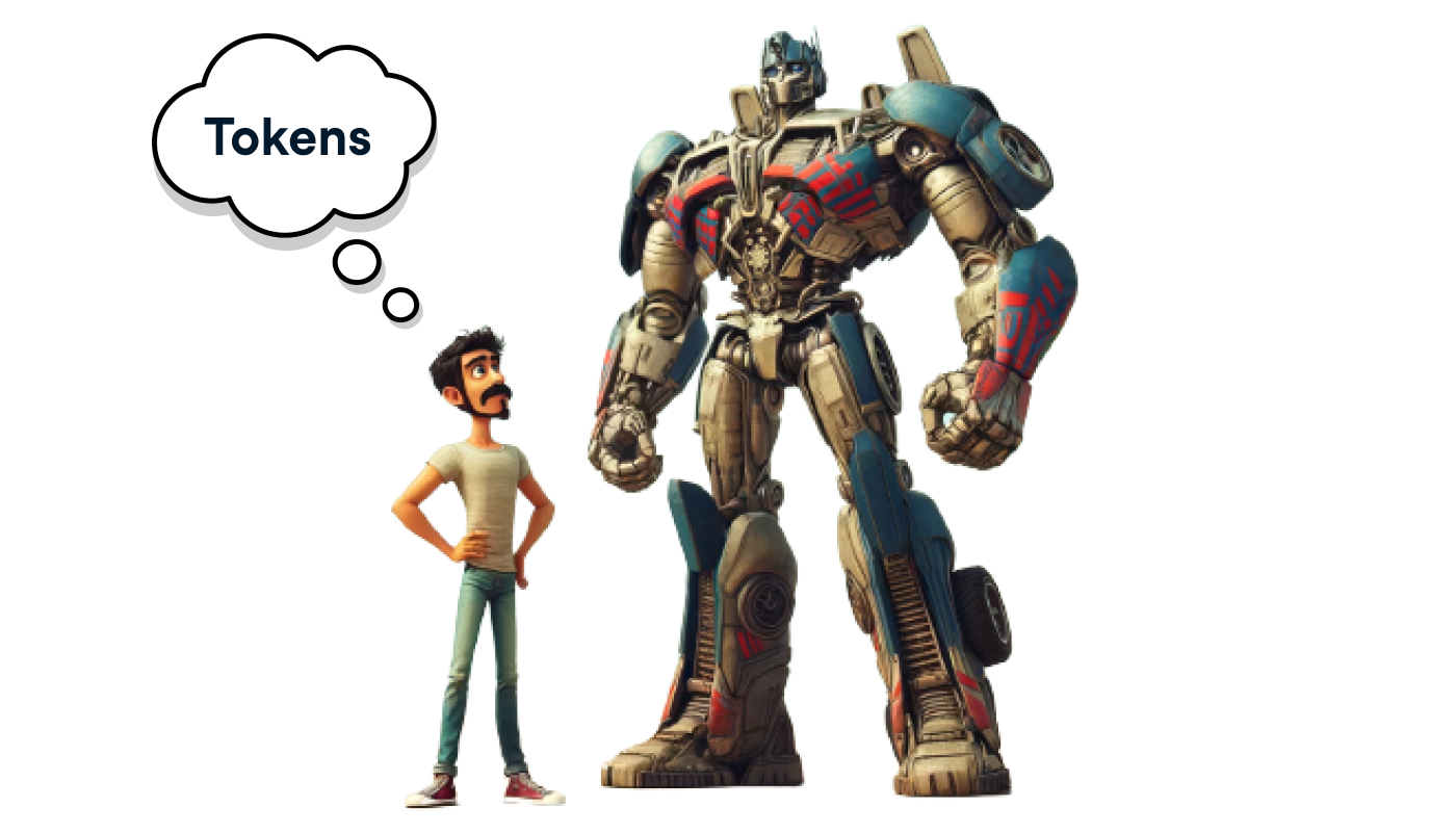 Illustration of a man looking at Transformer-type character, imagining the word "Tokens"
