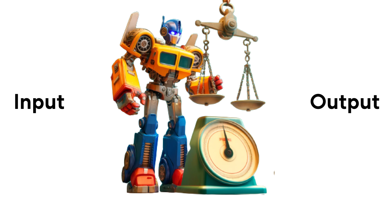 Transormer-like robot character beside a weighing scale