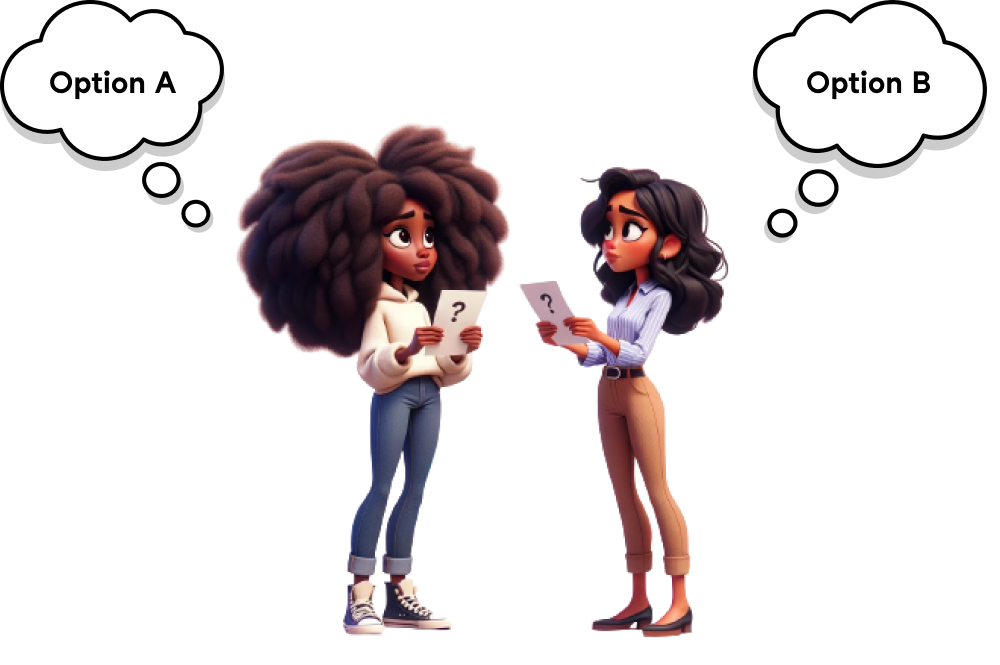 Illustration of two women holding question-mark cards, with thought bubbles saying 'Option A' and 'Option B' above their heads