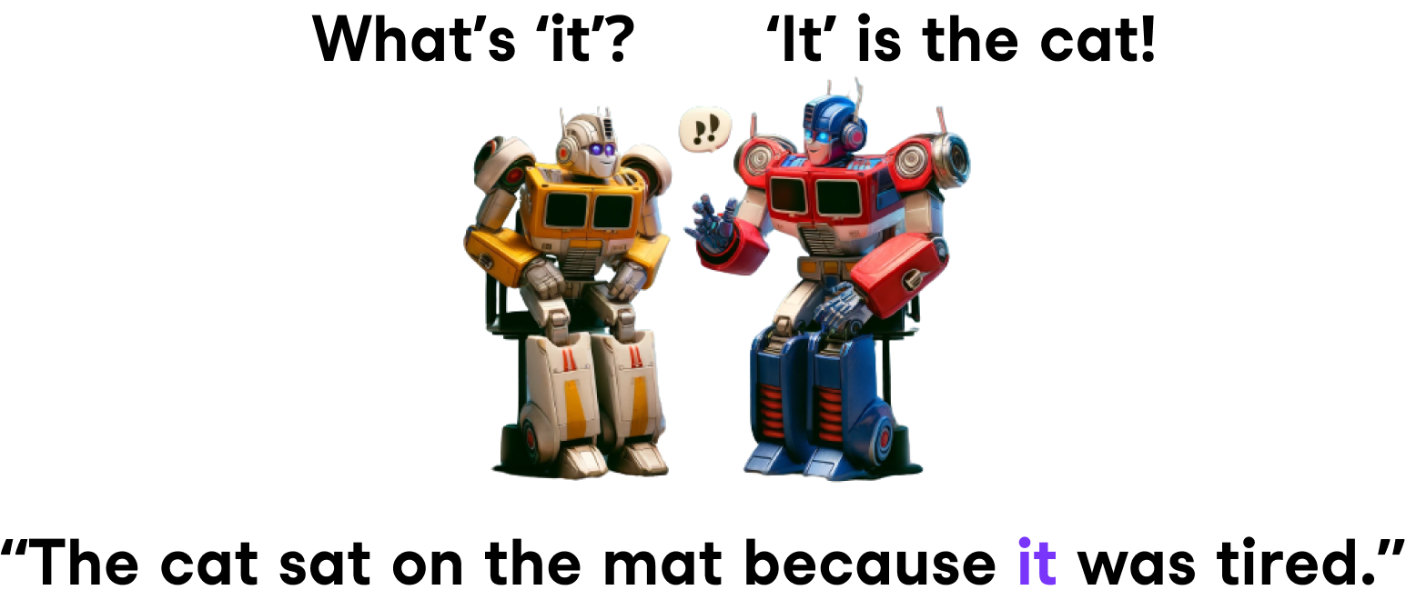 The image shows two colorful robots seated next to each other, with the robot on the right making a hand gesture as if speaking.