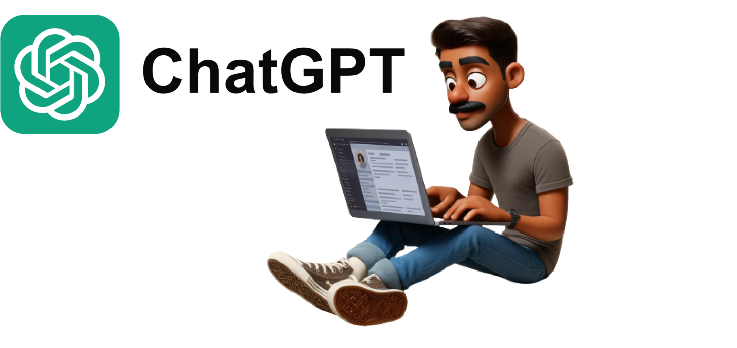 Illustration of a man sitting with a laptop, next to the ChatGPT logo