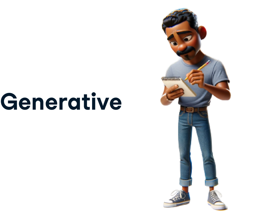 An illustration shows a man writing in a notebook with a pencil. To his left, the word 'Generative' is displayed