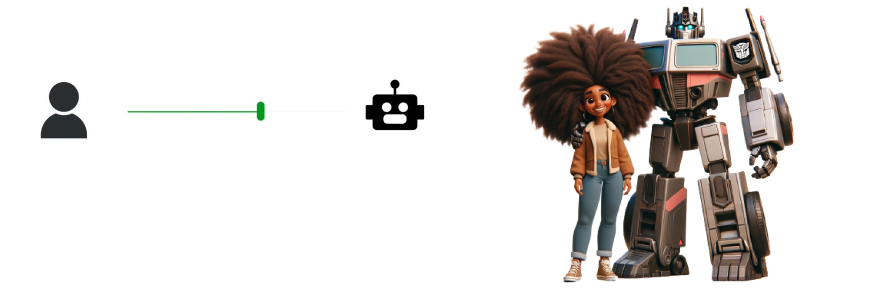 Illustration showing a person icon and a robot icon connected by a slider, with a woman and a large robot standing next to them harmoniously