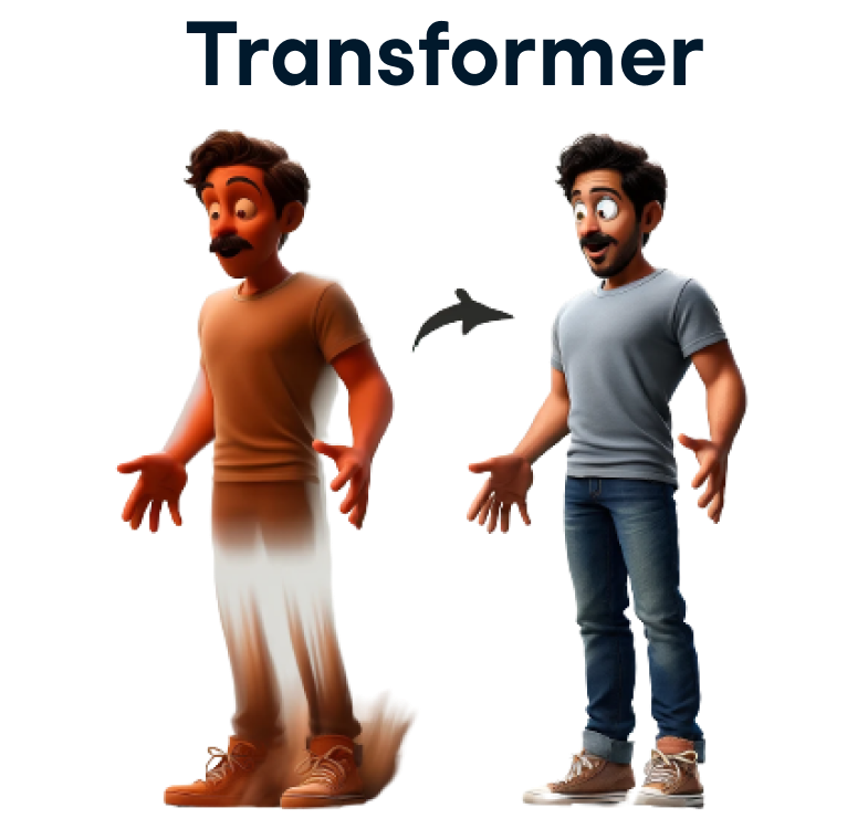 Illustration of a man transforming from one state to another, with the word 'Transformer' above them