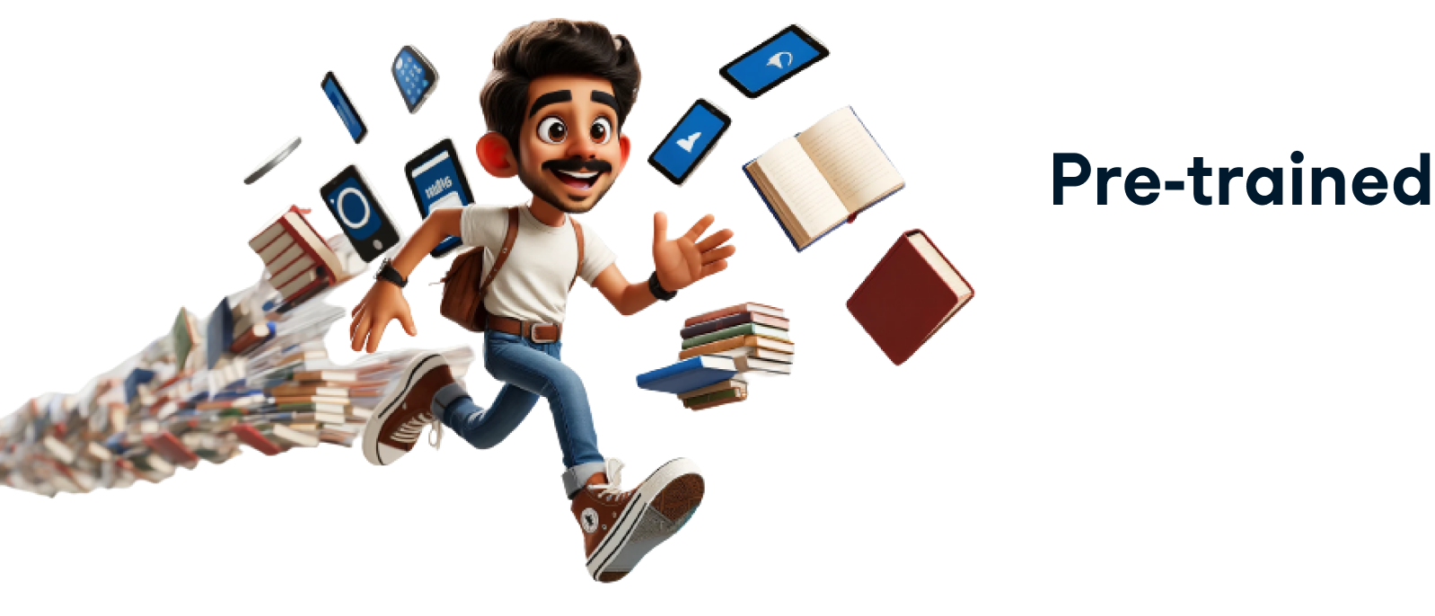 Illustration of a man running with books and electronic devices trailing behind him, with the word 'Pre-trained' to the right