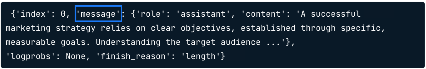 Response output with message highlighted