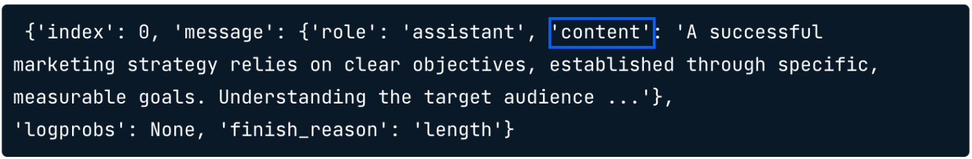 Response output with content highlighted