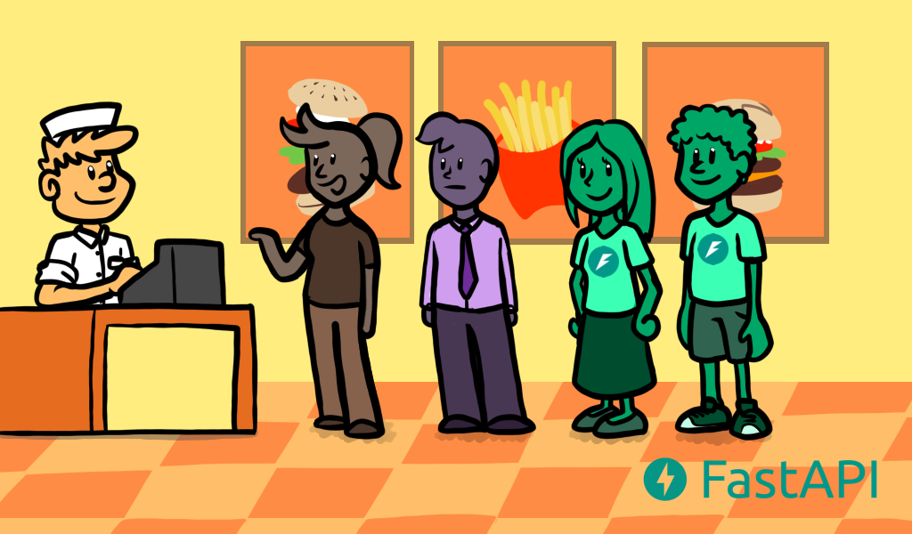 Customers in line for burgers prepared and served concurrently