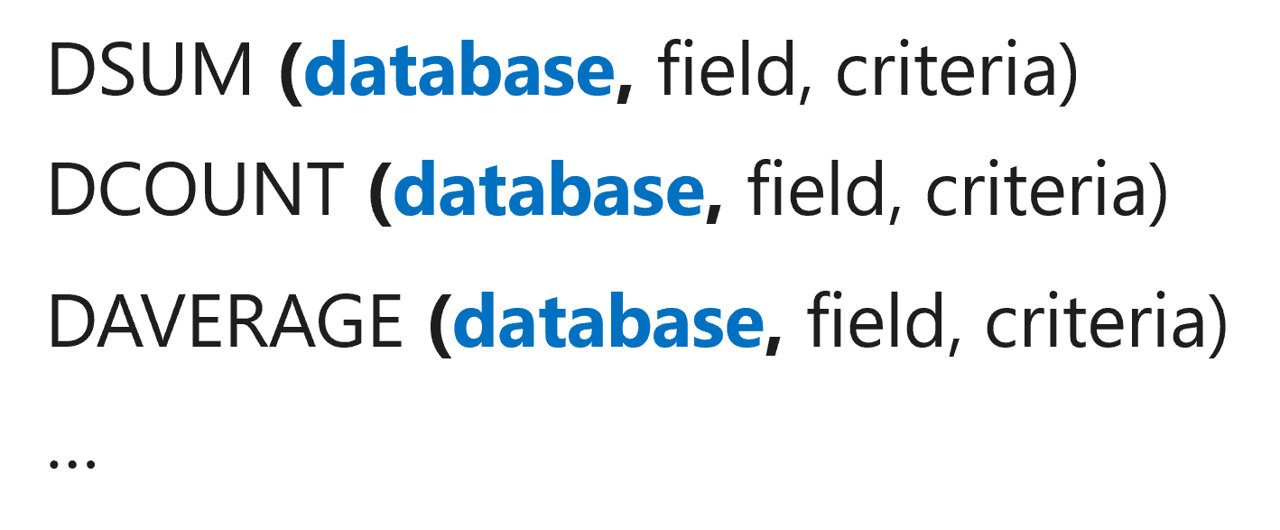 Excel database functions syntax