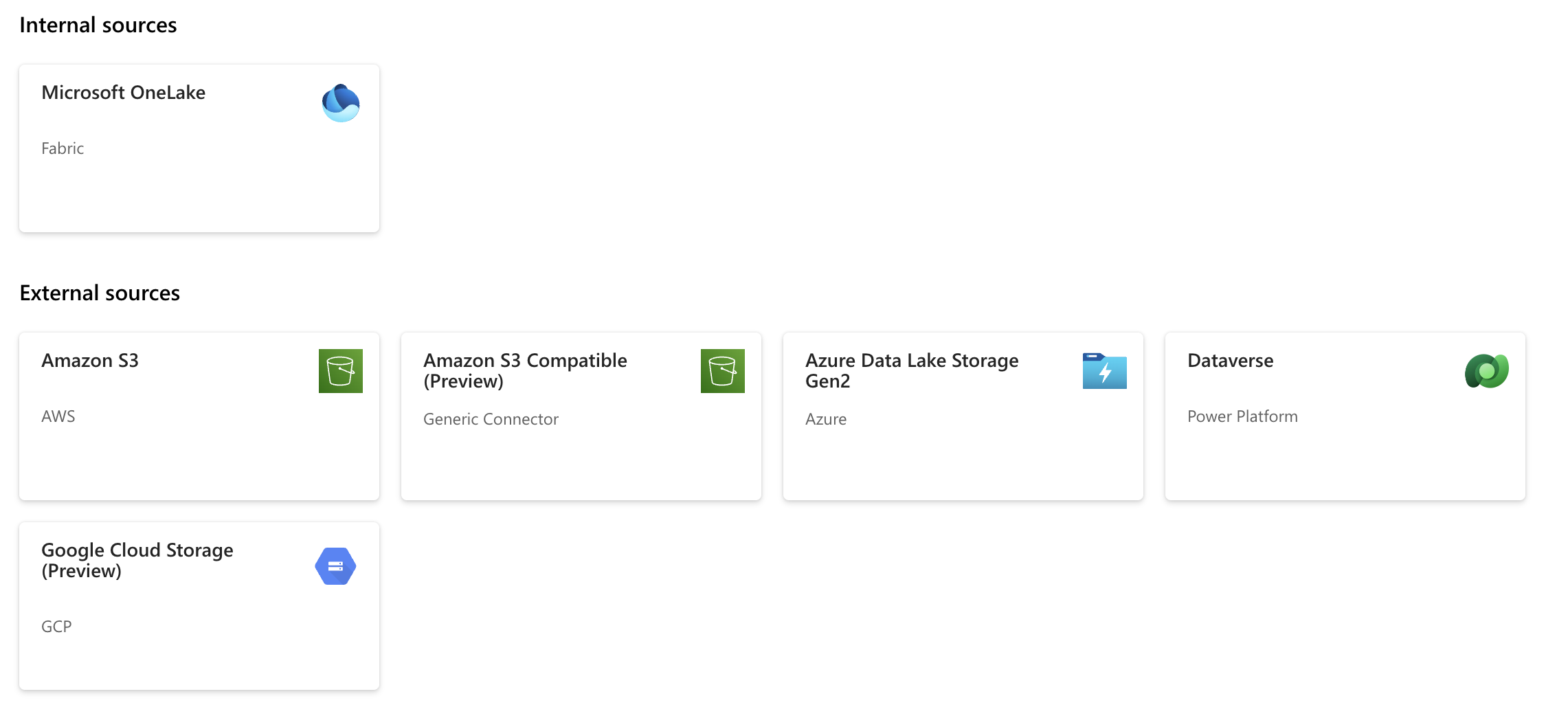 Different shortcut connection options, like AWS, Azure, and GCP