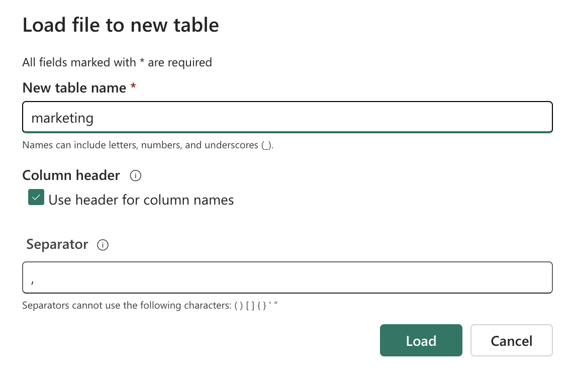The interface for adding a table based off a file