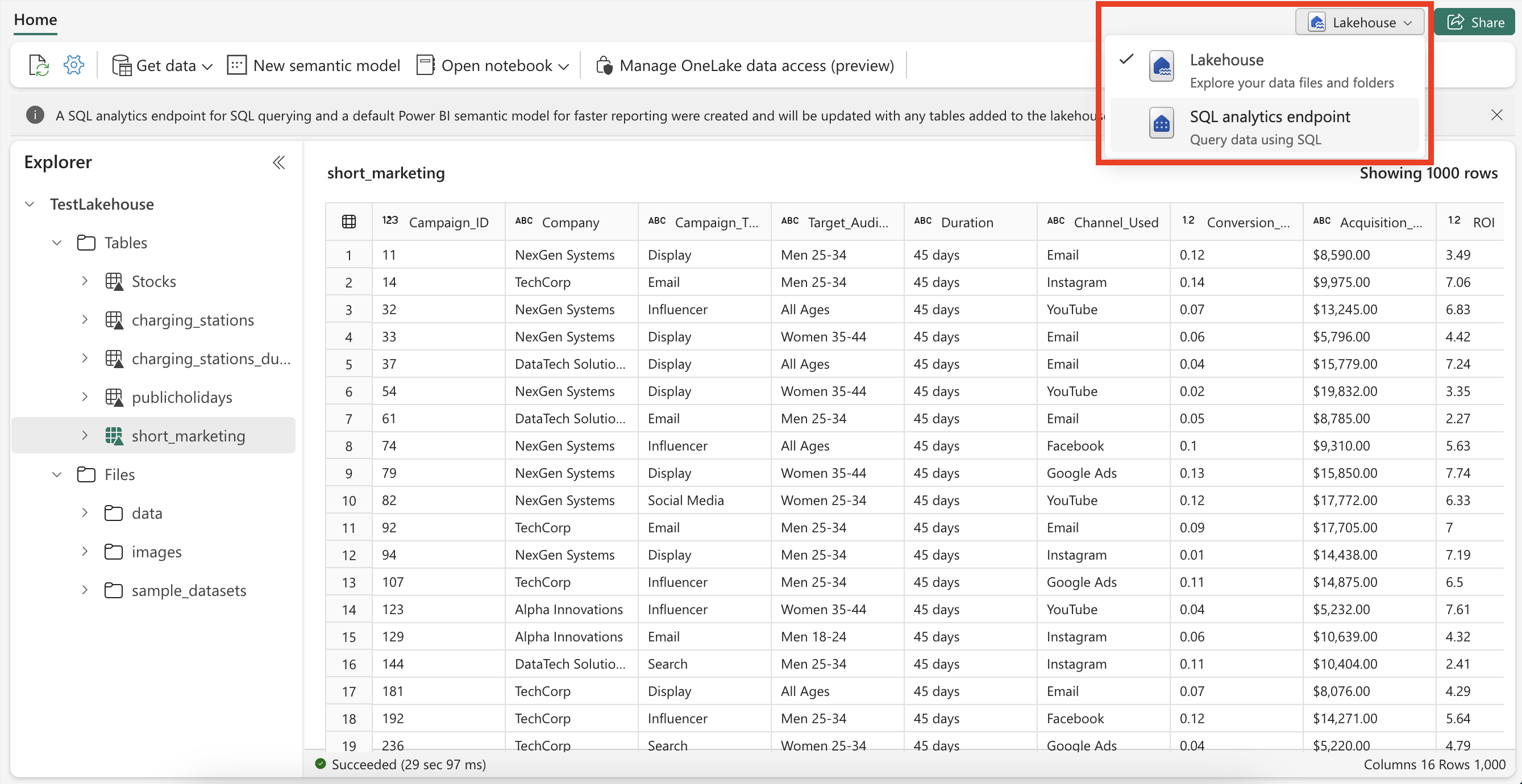 Navigating to the SQL analytics endpoint in the top right corner of the lakehouse interface