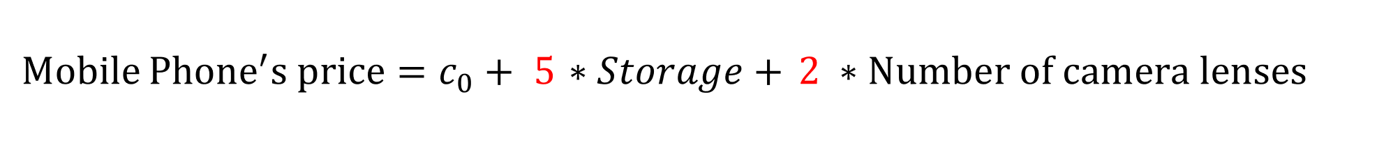Image showing the equation Mobile price=?_0+5?Storage+2?Number of lenses, highlighting the coefficients