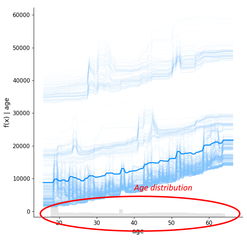 Same partial dependence plot highlighting the distribution of the age values in the dataset.