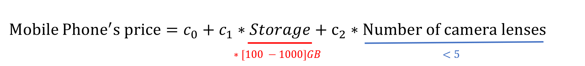 Image showing the equation Mobile price=?_0+?_1?Storage+c_2?Number of lenses, highlighting that Storage sizes are typically in ranges of hundreds to thousands Gigabytes, and number of lenses is usually less than 4.