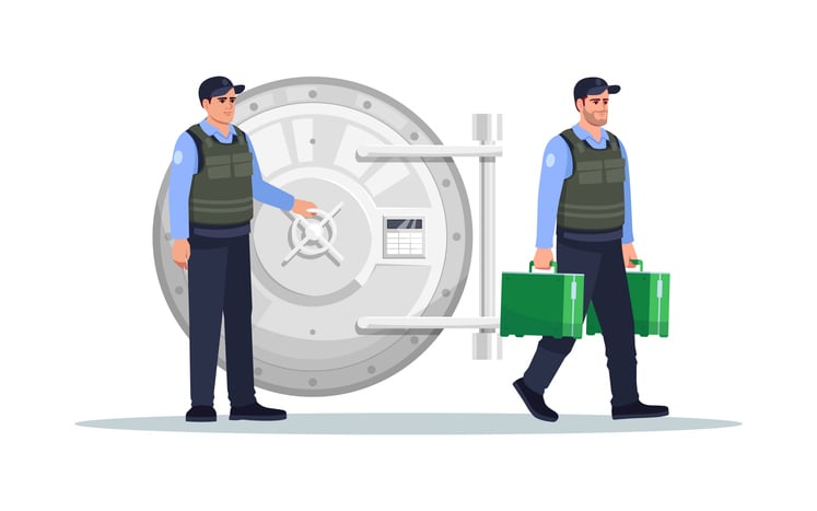 Cartoon image showing a vault and security personnel