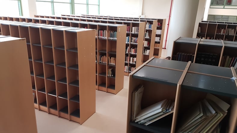 Empty library shelves