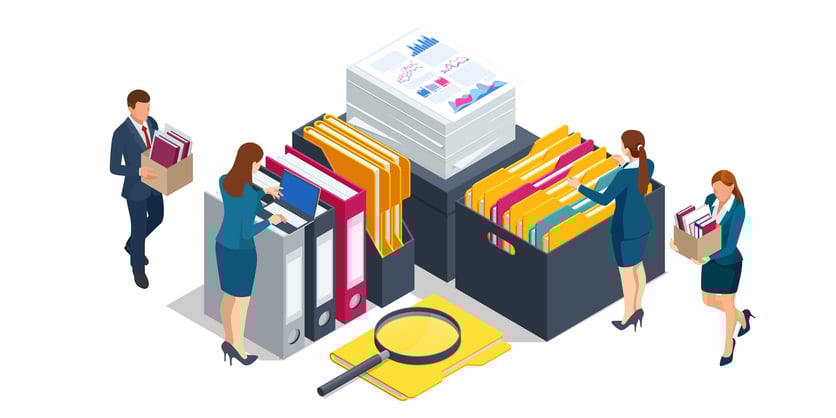 Cartoon image of people storing and reviewing files in cabinets