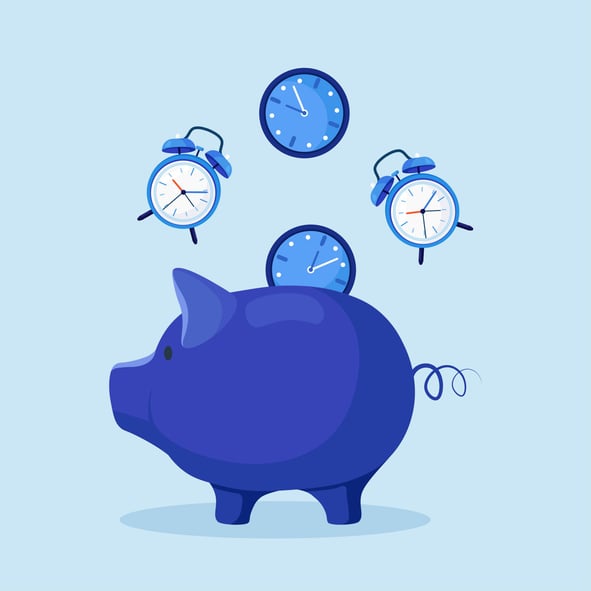 Cartoon image of a piggy bank being deposited with clocks