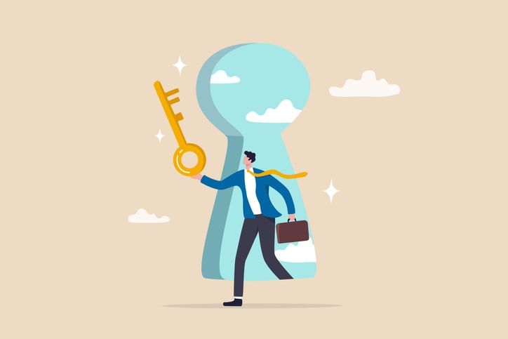 Cartoon image of a person holding a key running through a giant keyhole