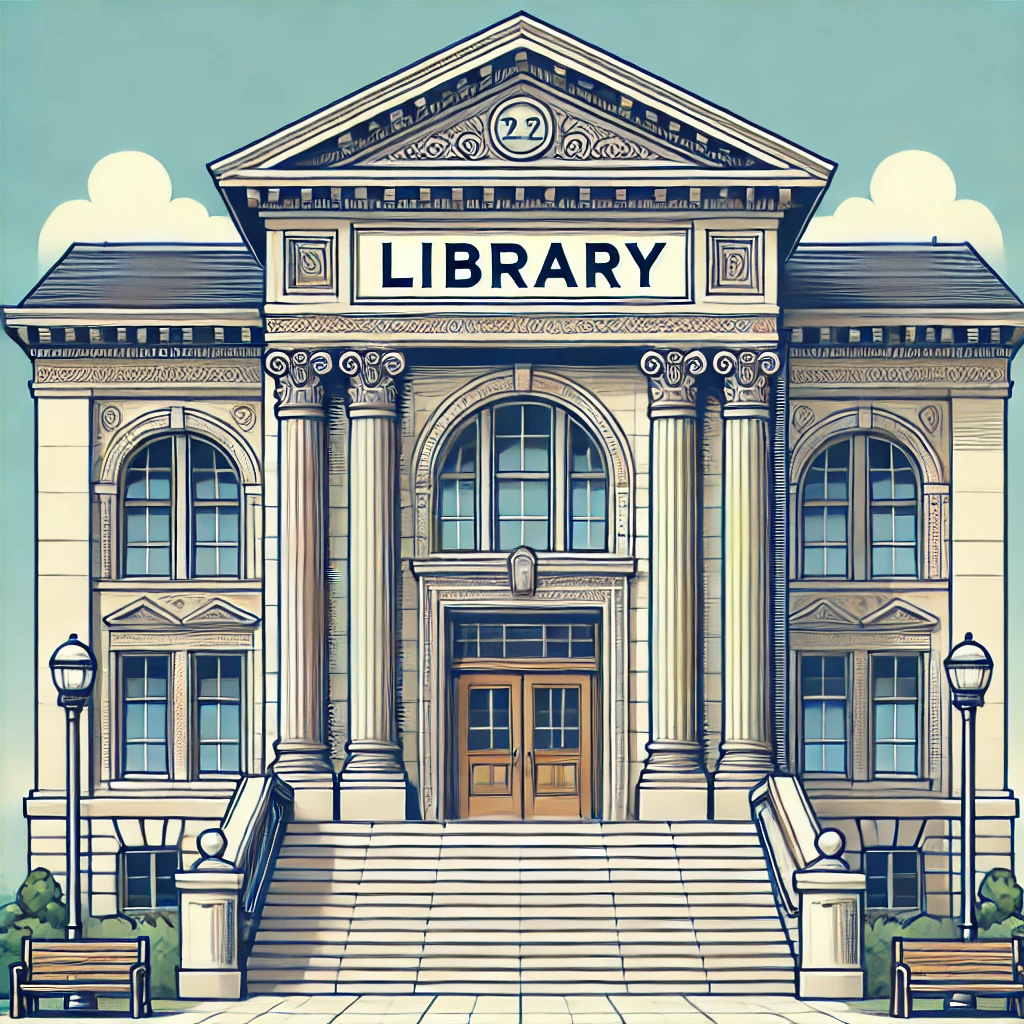 Image of a cartoon library building