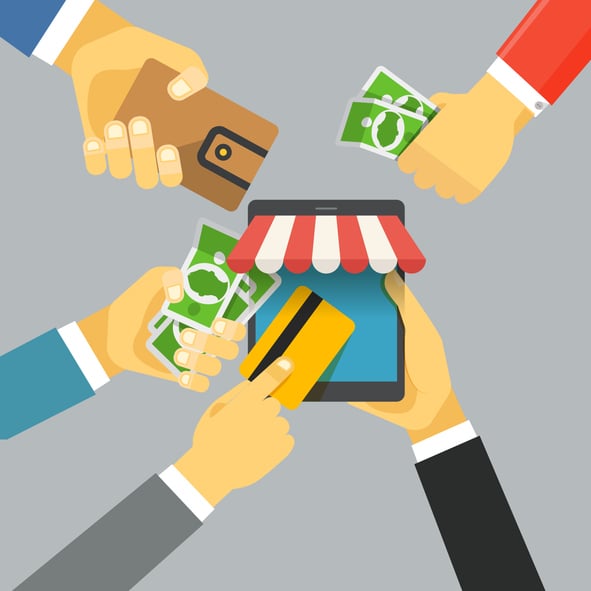 Cartoon image representing customers attempting to complete transactions