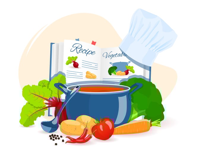 Cartoon image of a recipe book with the ingredients required for a meal infront