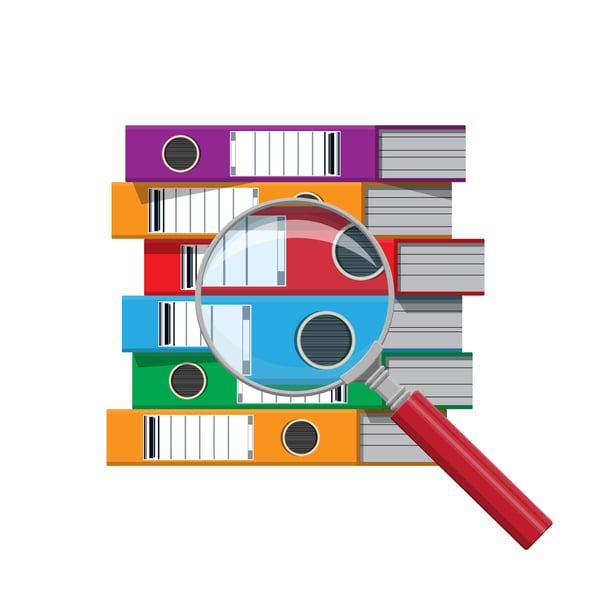 Cartoon image of a magnifying glass searching folders for a missing record