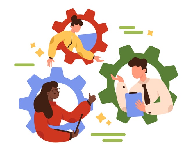 Cartoon image showing three people working together in a streamlined flow