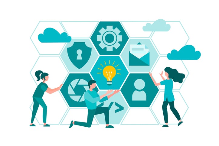Cartoon image showing people maintaining and updating different images