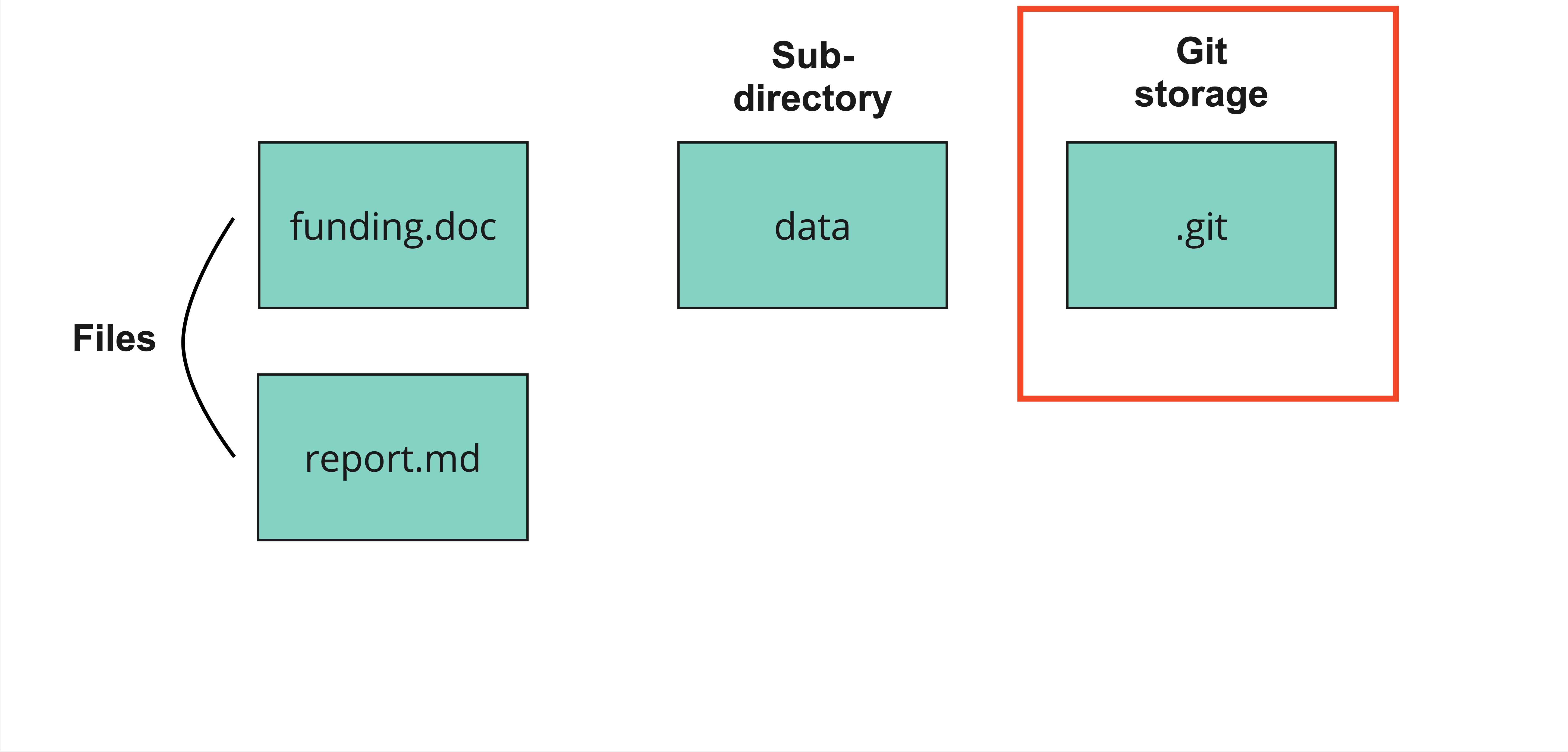 Image of a Git repository with two files annotated called funding and report, one directory annotated called data, and another directory called dot-git, annotated as Git storage