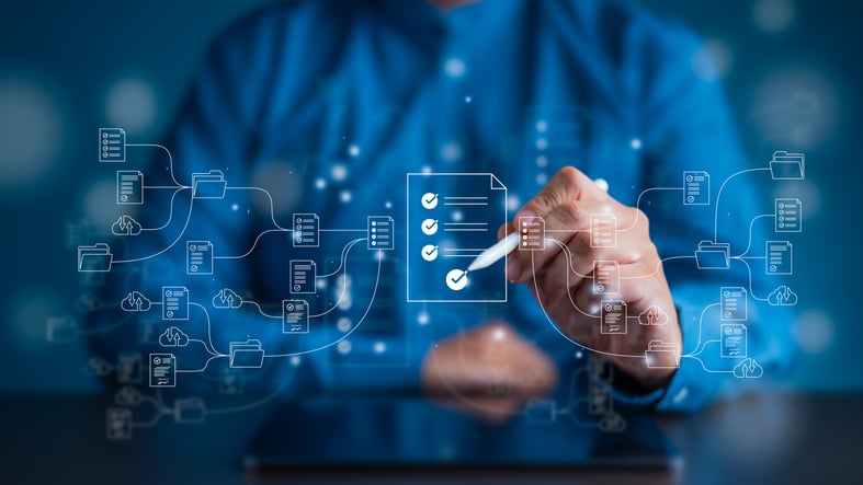 Flow charts and checklists depicting the management of files and programs