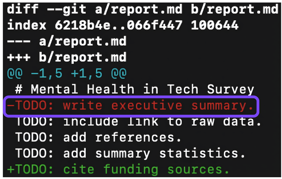 Salida de git diff anotada con una flecha que apunta a la quinta línea de la salida que contiene «@@ -1, 5 +1, 5 @@», que representa las líneas inicial y final de las dos versiones