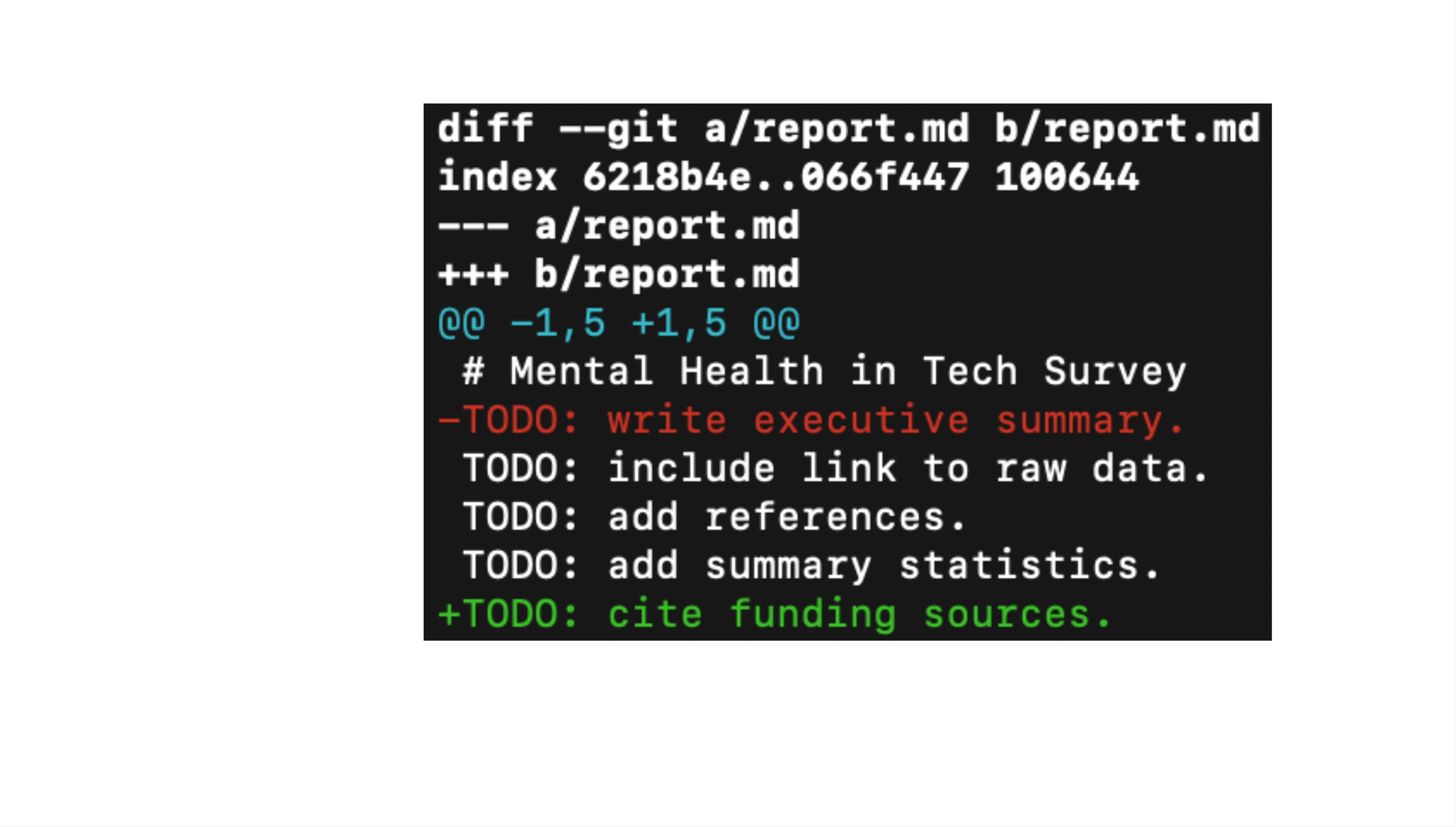 git diff output showing "TODO: write executive summary."" was removed and "TODO: cite funding sources" was added