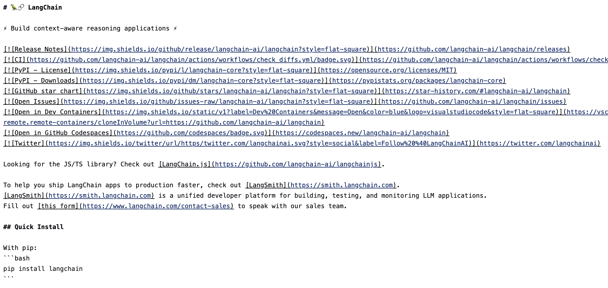 The raw markdown used to create the README file in LangChain's GitHub repository.