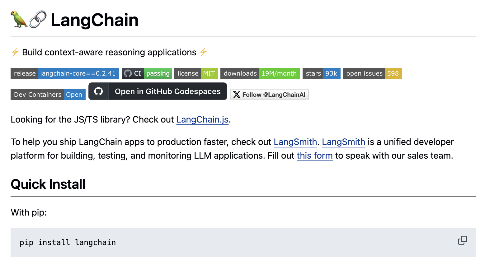 Rendered markdown from LangChain's GitHub README.md file.