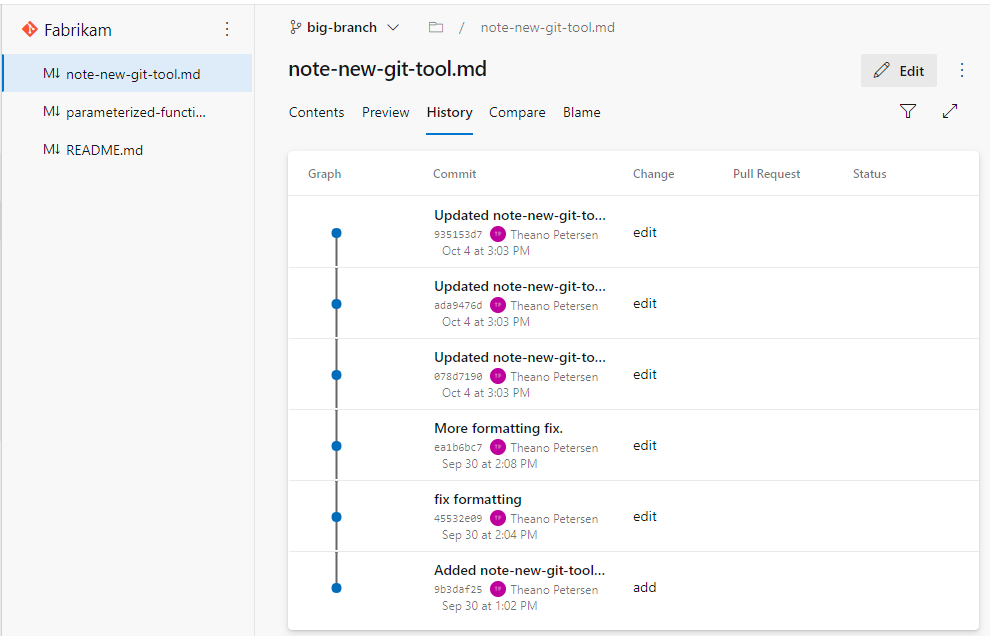 History of git commits in Azure DevOps