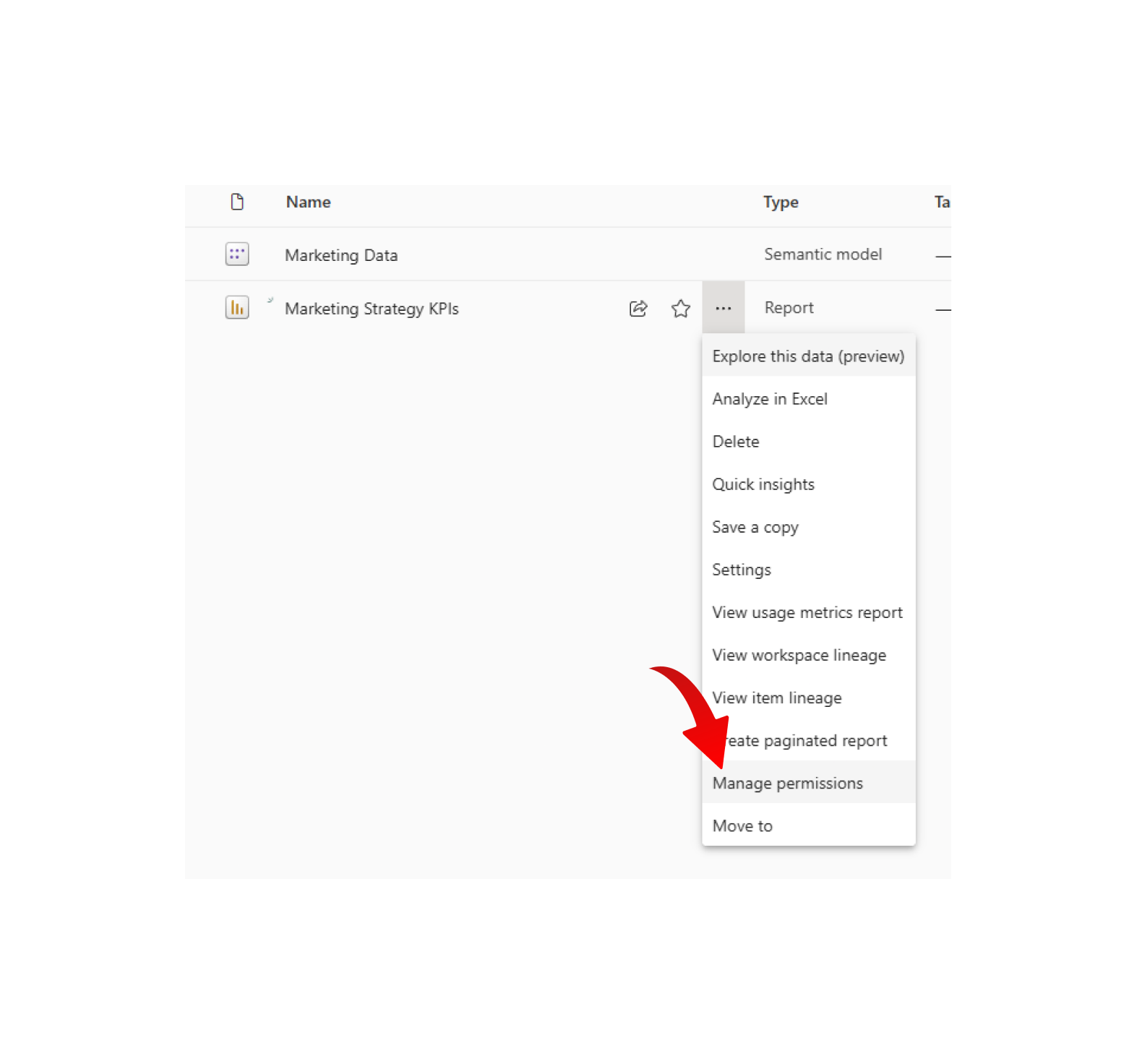 Option menu in Fabric to find Permissions