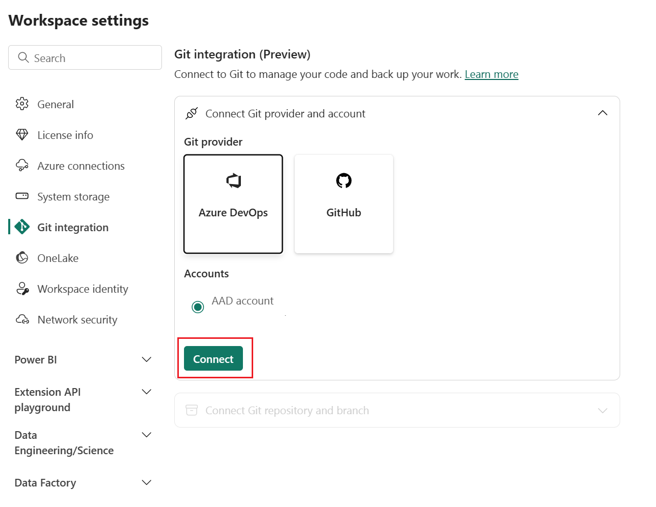 Workspace setting panel with version control