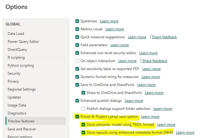 Preview options in Power BI Desktop