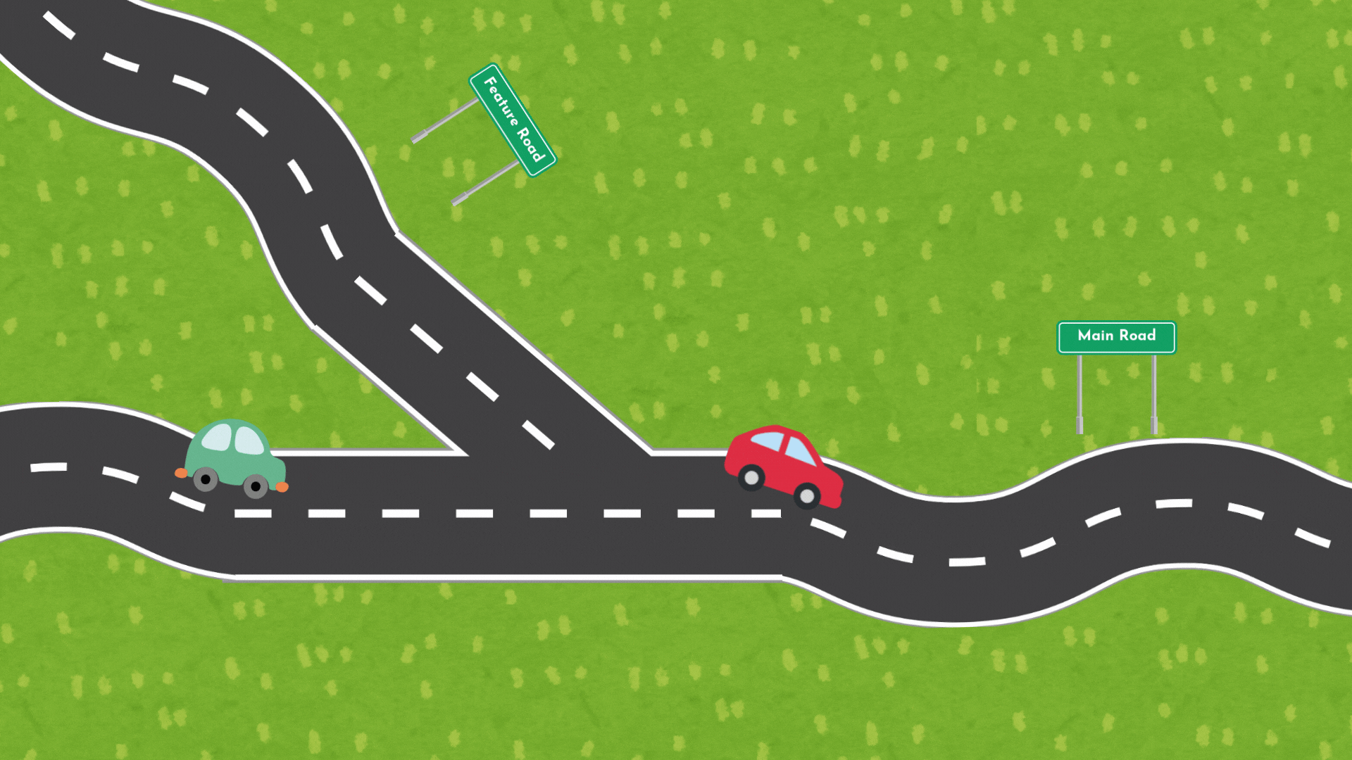 Road where two roads join with two cars intersecting on the same road
