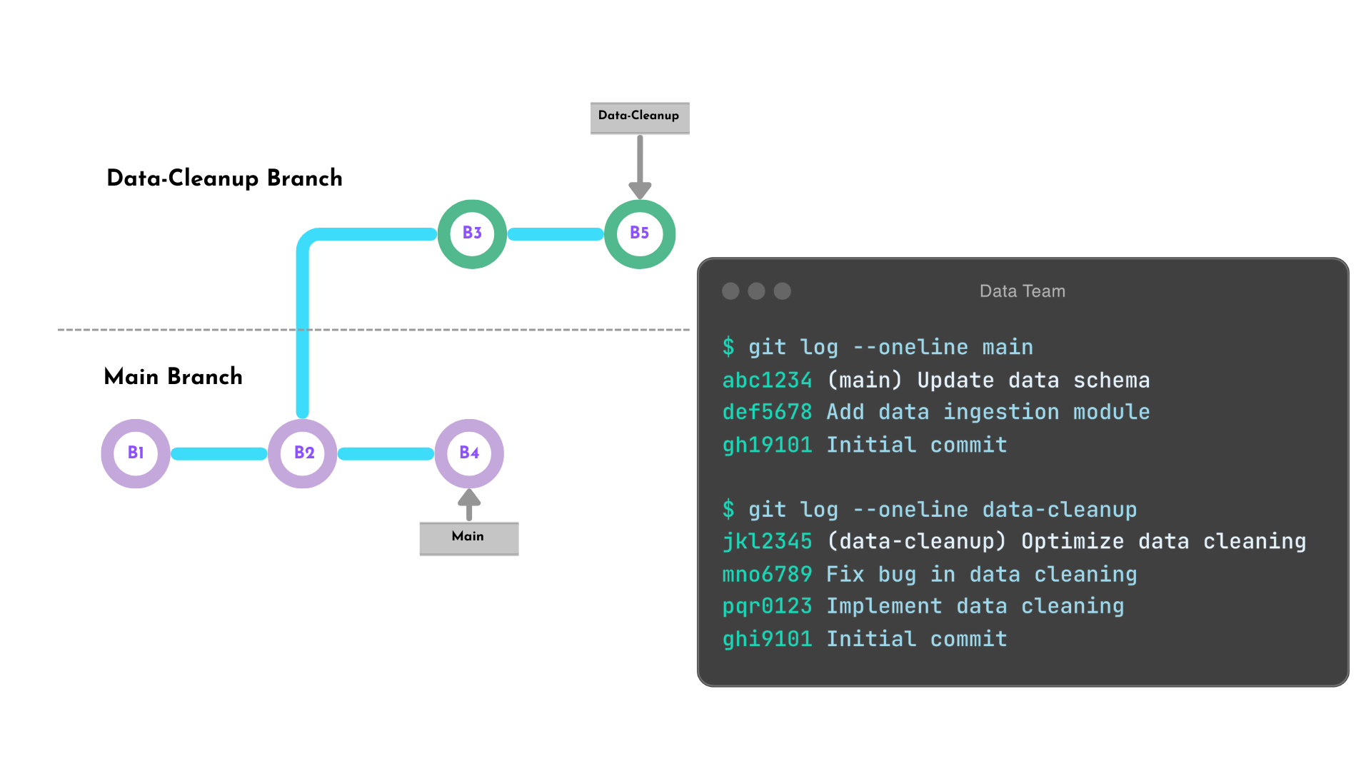 The data-cleanup branch diverges from the main branch after the second commit. The main branch has an additional commit. The data-cleanup has two additional commits.