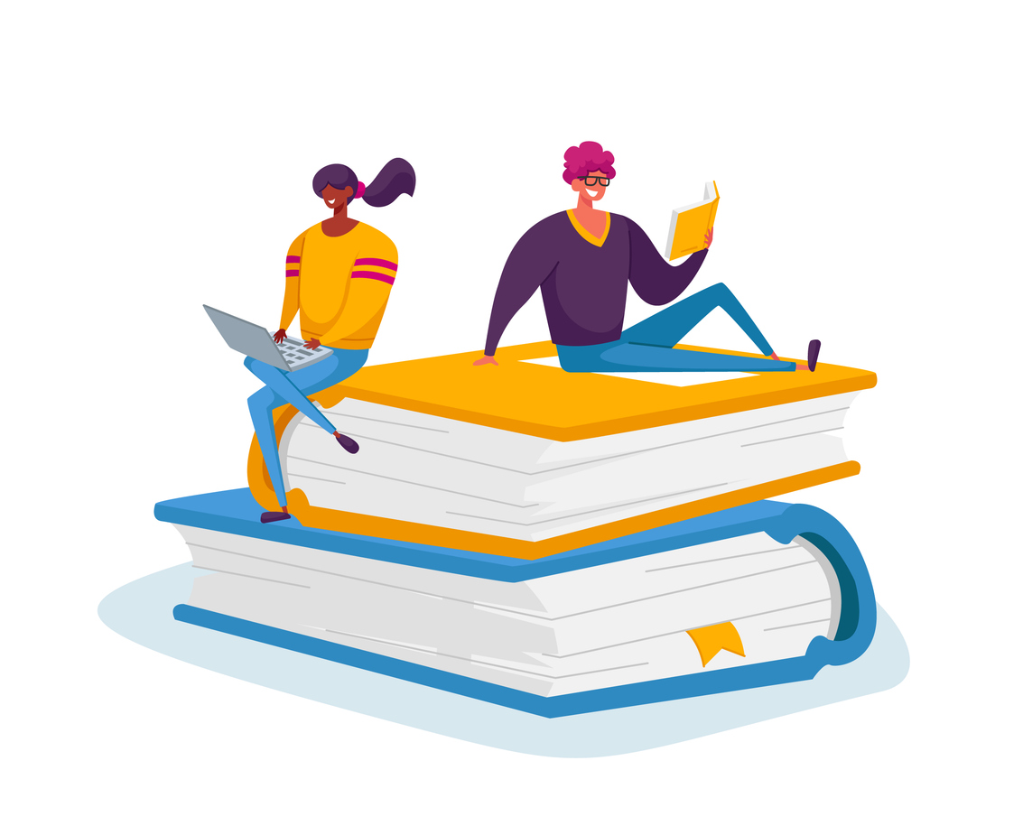 People reading, sat on large books.