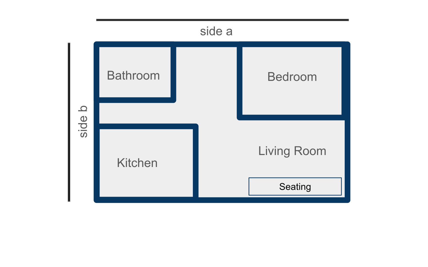Rectangular floor plan of a studio apartment with length and width respectively marked "side a" and "side b".