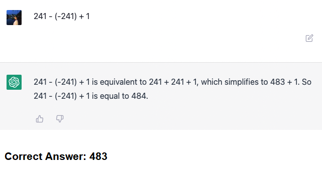 Screenshot of an inaccurate math response from an earlier ChatGPT conversation. Correct answer of "483" added to the bottom of the image.