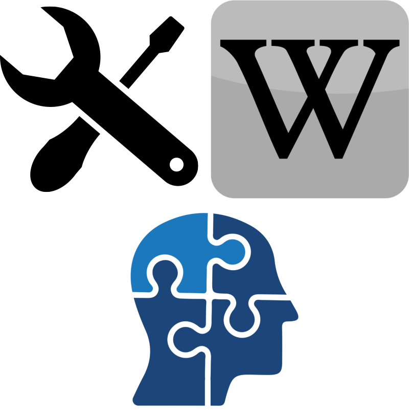 Icon of tools, Wikipedia, and a puzzle of a human face.