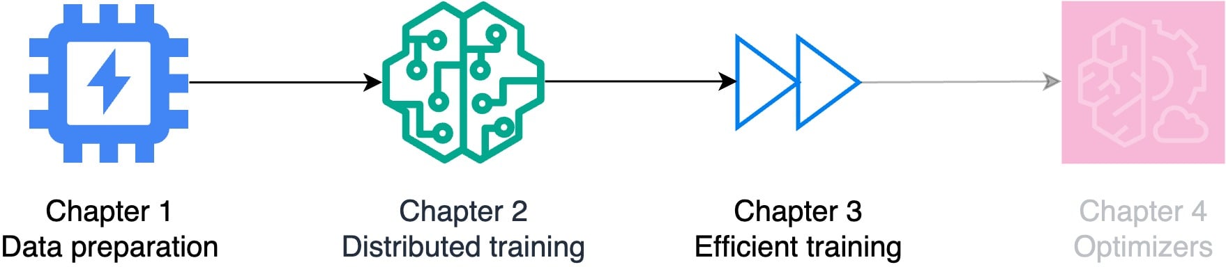 Flowchart illustrating the course topics: data preparation, distributed training, efficient training, and optimizers.