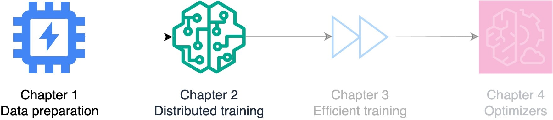 Flowchart illustrating the course topics: data preparation, distributed training, efficient training, and optimizers.